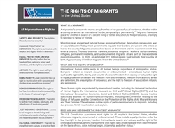 [ai] A pamphlet titled 'The Rights of Migrants in the United States,' outlining various rights, including safety, human treatment, protection from discrimination, and access to justice for migrants. The layout includes sections on migration definitions and rights.